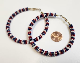 Blue, White, Red glass seed bead hand wrapped hoop earrings