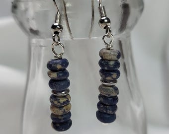 Stacked blue jasper and silver beaded earrings, handmade