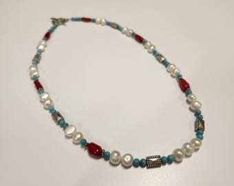 Freshwater pearl, red coral, turquoise dyed howlite, and silver artisan necklace with mermaid clasp