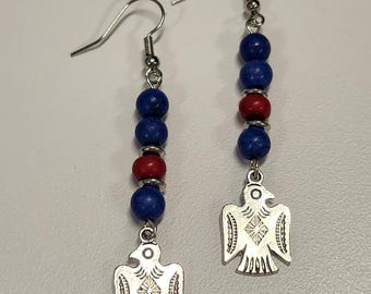 Thunderbird handmade earrings with red and blue howlite