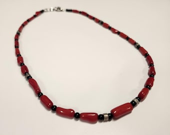 Red coral and black glass handmade necklace