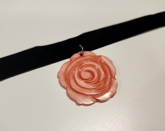 Handmade black velvet choker necklace with bright pink rose or flower shaped pendant
