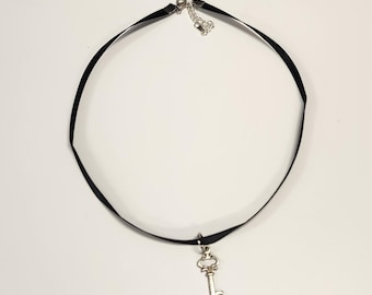 Handmade black satin ribbon choker necklace with choice of silver pendant: key, lock, LOVE, arrowhead, butterfly, cross, heart
