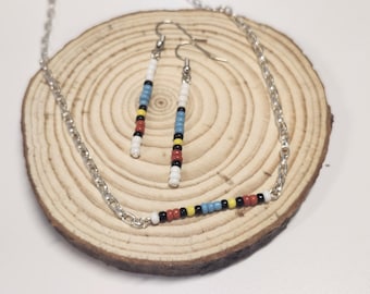 Silver chain necklace and earrings with choice of green/red/white beads or white/ black/blue/yellow/red glass beads