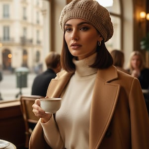 Könnte beinhalten: Eine Person trägt ein beiges Häkelbarett, einen cremefarbenen Rollkragenpullover und einen beigefarbenen Mantel und hält eine weiße Teetasse mit goldenem Rand. Die Szene spielt in einem Café.