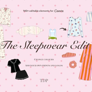 Puede incluir: Ilustración de ropa de dormir sobre un fondo rosa con lunares. La imagen incluye pijamas, una máscara para dormir, una bata y zapatillas. El texto dice "The Sleepwear Edit" y "140+ elementos editables para Canva."