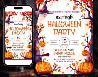 May include: A Halloween party invitation template with a spooky design. The invitation features orange pumpkins, a ghost wearing a witch hat, and fall foliage. The text reads "Hauntingly Halloween Party" with event details.