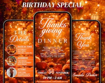 Digital Animated Thanksgiving Dinner Invitation, Friendsgiving Dinner Invitation, Thanksgiving Text Evite, Digital Editable Canva Template