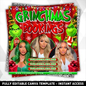Può includere: Un modello Canva a tema Grinchmas, rosso e verde, con il testo "GRINCHMAS BOOKINGS". Il design presenta immagini del Grinch, fiocchi di neve e tre donne. Include spazio per un sito web e un nome utente di social media.