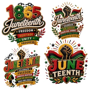 Op de afbeelding: Vier Juneteenth-thema ontwerpen met tekst en afbeeldingen. De ontwerpen bevatten de woorden "Juneteenth" en "1865" in rood, groen en geel. Andere tekst omvat "Vrijheid", "Erfgoed" en "Eenheid". De ontwerpen bevatten ook een vuist, vlaggen en sterren.