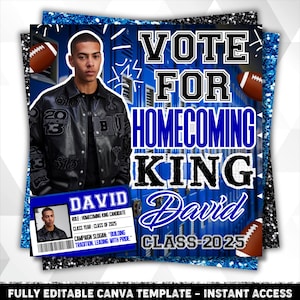 Könnte beinhalten: Digitales Design für eine Homecoming-King-Kampagne. Das Design zeigt ein Foto eines jungen Mannes, Fußbälle und den Text "VOTE FOR HOMECOMING KING David CLASS 2025". Das Design ist in Blau, Schwarz und Weiß gehalten.