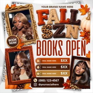 May include: A promotional flyer titled FALL SZN BOOKS OPEN featuring three framed photographs of individuals with styled hair, autumn leaves, and a pumpkin. The design includes text placeholders for brand name, deal names, prices, phone number, and social media handle.