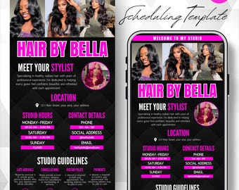 May include: A black and pink flyer and phone screen display a hair salon's information. The text "Hair by Bella" is prominent, with details on services, hours, and contact information. The design includes images of styled hair and a pink and black color scheme.