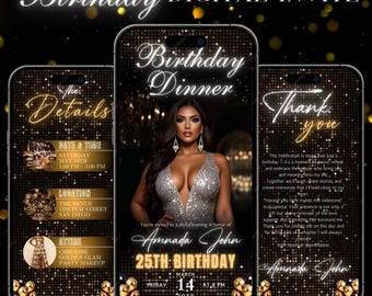 Birthday Dinner Digital Invitation, Birthday Evite, Gold Black Invite, Birthday Dinner, Digital Birthday Party Invite, DIY Canva Editable