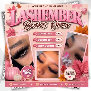 May include: A promotional flyer for eyelash services titled LASHEMBER BOOKS OPEN, featuring three photos of eyes with eyelash extensions, pink pumpkins, autumn leaves, and text boxes for Classic, Volume, and Mega Volume sets with placeholders.