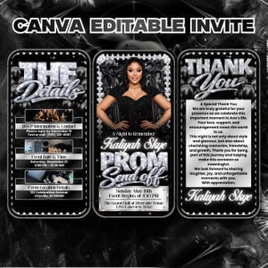 Può includere: Un design di invito modificabile di Canva con un tema nero e argento. L'invito include i dettagli per un prom send-off, con informazioni sull'evento, una foto e un messaggio di ringraziamento. Il design è per il ballo di Kaliyah Skye.