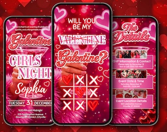 Galentine's Girls Night Invitation, Valentine's cocktails Girls night invitation, pink galentine's party digital template, Canva Evite