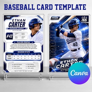 May include: A baseball card template featuring two designs with blue and white accents. The left card displays player stats and profile text for Ethan Carter. The right card shows a baseball player in a uniform holding a bat with the text Rookie.