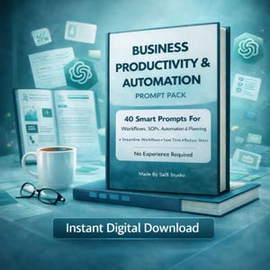 Pode incluir: Um livro intitulado "BUSINESS PRODUCTIVITY & AUTOMATION PROMPT PACK" com o texto "40 Smart Prompts For Workflows, SOPs, Automation & Planning". A imagem também inclui uma caneca de café, óculos e as palavras "Instant Digital Download".