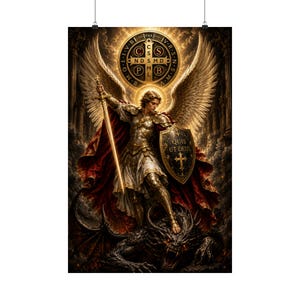 Puede incluir: Un póster vertical que representa a un ángel con armadura y grandes alas, sosteniendo una espada brillante y un escudo con la inscripción QUIS UT DEUS y una cruz. El ángel está sobre un dragón oscuro con cuernos. Arriba, un emblema circular muestra las letras CSSML NDSMD.