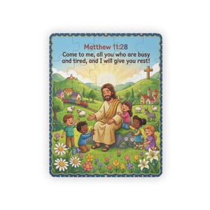 Könnte beinhalten: Ein rechteckiges Puzzle mit einer farbenfrohen Illustration einer Figur, die auf einem Felsen sitzt, umgeben von Kindern, Schafen und Blumen. Der Text lautet: Matthew 11:28 Come to me, all you who are busy and tired, and I will give you rest!