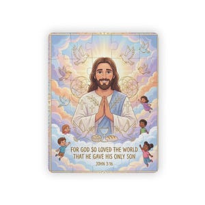 Könnte beinhalten: Ein rechteckiges Puzzle mit einer zentralen Illustration einer lächelnden Figur mit langem braunem Haar und einer blauen Schärpe, umgeben von weißen Tauben, Kindern und Wolken. Der Text lautet: FOR GOD SO LOVED THE WORLD THAT HE GAVE HIS ONLY SON JOHN 3:16.