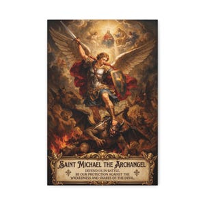 Puede incluir: Una impresión de arte mural rectangular que representa al Arcángel San Miguel con grandes alas, armadura y una espada, de pie sobre una figura oscura. Debajo, una placa decorativa presenta el texto: SAINT MICHAEL THE ARCHANGEL DEFEND US IN BATTLE.
