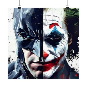 Może przedstawiać: Plakat przedstawiający podzielony obraz Batmana i Jokera. Strona Batmana jest w ciemnych odcieniach niebieskiego i szarości, podczas gdy strona Jokera ma białą farbę do twarzy, czerwone usta i zielone włosy. Grafika ma styl komiksowy.