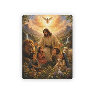May include: A jigsaw puzzle depicting a central figure in a tan robe surrounded by children, a lion, a lamb, and a rabbit in a meadow. Above, a white dove descends from a golden, sunlit sky with mountains and waterfalls in the background.