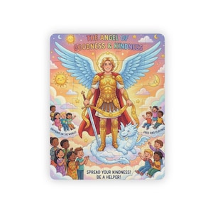 May include: A jigsaw puzzle featuring an angel in gold armour with large blue wings, holding a sword, standing on a cloud with a small white dragon. The text reads THE ANGEL OF GOODNESS & KINDNESS, SPREADING ON THE WORLD, FREE AND PLAYING, SPREAD YOUR KINDNESS! BE A HELPER! surrounded by children.