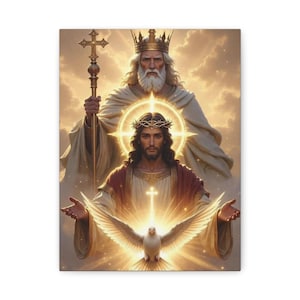 May include: A canvas print depicting a religious scene. The image features a central figure with a halo and crown of thorns, with a dove below. Above, another figure holds a staff with a cross, all set against a golden, cloudy background.