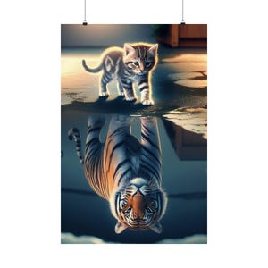 May include: A poster featuring a kitten and its reflection, a tiger. The kitten is gray and brown with stripes, walking on a wet surface. The reflection shows a tiger with orange and black stripes, creating a contrast between the small cat and its imagined larger form.