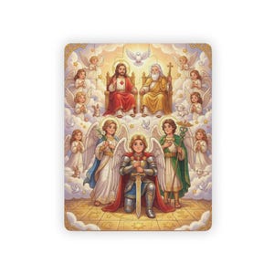 Könnte beinhalten: Ein rechteckiges Puzzle mit einer religiösen Illustration, die Jesus und Gott auf Thronen sitzend zeigt, umgeben von Engeln, Tauben und kleinen Tieren. Im Vordergrund kniet ein gepanzerter Engel und hält ein Schwert in den Händen.