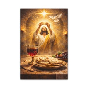 May include: A religious artwork depicting a biblical scene. A figure in white robes holds bread aloft, illuminated by a bright light. A glass of red wine, a plate of matzah, and grapes are on a wooden table.