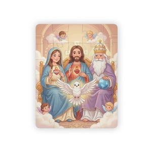 May include: A rectangular jigsaw puzzle featuring a cartoon illustration of the Holy Trinity and the Virgin Mary. The scene depicts Jesus, God the Father, and Mary with sacred hearts, accompanied by a white dove and small winged cherubs in clouds.