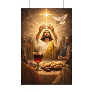May include: A religious poster depicting a biblical scene. A central figure in white and gold robes holds bread aloft, illuminated by a bright light. A dove with an olive branch hovers above. A table is set with wine and bread, surrounded by figures.