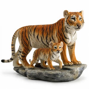 Op de afbeelding: Een gedetailleerd beeldje van een volwassen tijger die achter een kleinere tijgerwelp staat. Beide dieren hebben een oranje vacht met zwarte strepen en witte buiken. Ze staan samen op een gestructureerde, grijze, rotsachtige basis.