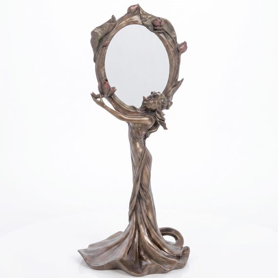 Art Nouveau Lady Vanity Mirror, Bronze Finish Standing Table Mirror, Goddess Dresser Decor, Vintage Style Gift (30 cm)