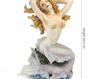 Mermaid Side Table with Glass Top – Sculptural Accent Table – Nautical Coastal Home Decor – Fantasy Statement Furniture (60 cm)