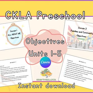 May include: A colorful educational graphic for preschool, featuring the text "CKLA Preschool Objectives Units 1-5". The design includes illustrations and text about "All About Me" and "Families and Community" topics. The words "Instant download" are also visible.