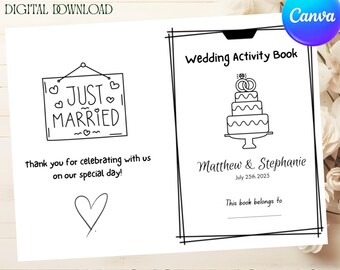 Könnte beinhalten: Ein schwarz-weißes Hochzeits-Aktivitätsbuch für Kinder. Das Cover zeigt eine Kuchenillustration und die Namen Matthew & Stephanie mit dem Datum 25. Juli 2025. Die linke Seite hat ein "Just Married"-Schild und ein Herz.
