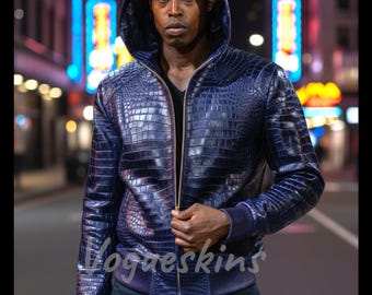 Herren-Lederjacke mit Krokodilprägung, blaue Lederjacke, Jacke mit Krokodilmuster, luxuriöse Motorradjacke aus Leder mit Alligatorprägung