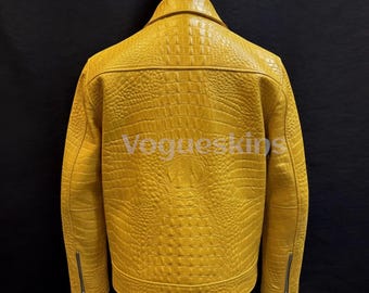 Mens Crocodile Embossed Cowhide Leather Bomber Jacket Alligator leather Exotic Biker Leather Jacket Luxury Motorcycle Jacket Yellow