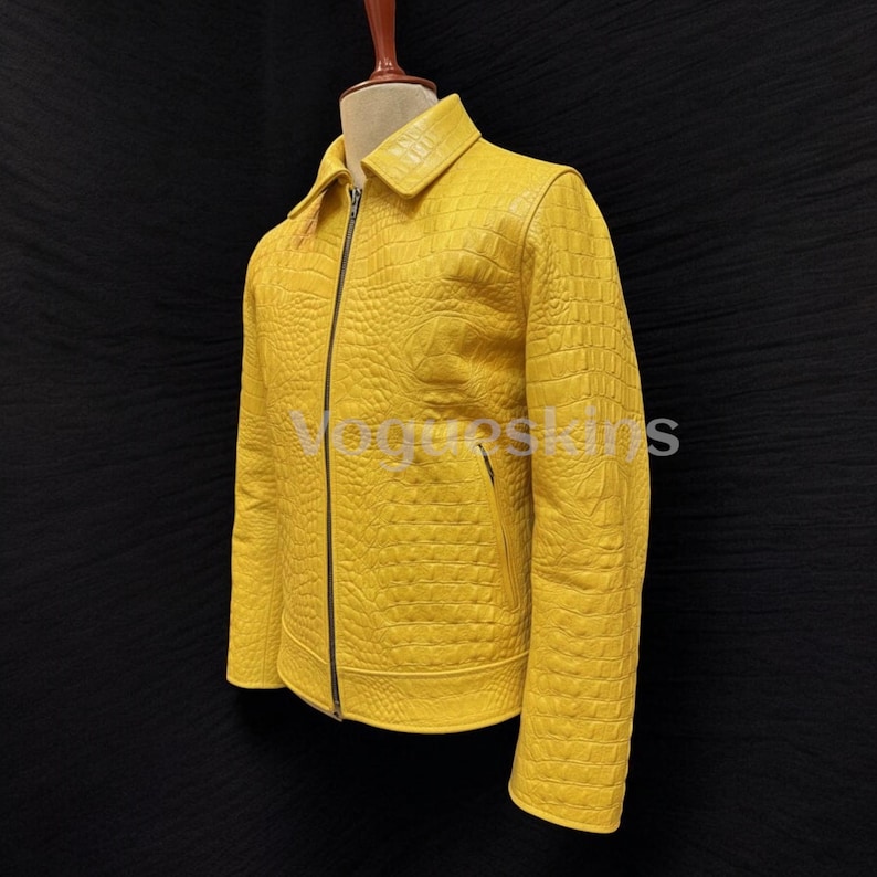 Mens Luxury Crocodile Embossed Leather Jacket Cowhide Leather Jacket | Yellow Genuine Leather| Handmade Designer Outerwear Motorcycle Jacket