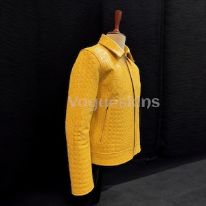 Mens Luxury Crocodile Embossed Leather Jacket Cowhide Leather Jacket | Yellow Genuine Leather| Handmade Designer Outerwear Motorcycle Jacket