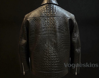 Mens Handmade Crocodile Embossed Cowhide Leather Motorcycle Jacket
