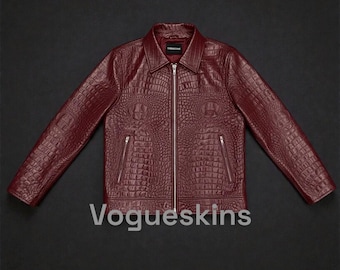 Mens Crocodile Embossed Cowhide Leather Bomber Jacket Alligator leather Exotic Biker Leather Jacket Luxury Motorcycle Jacket Burgundy