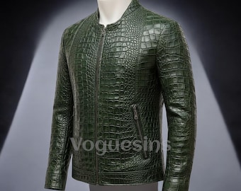 Mens Green Crocodile Embossed Leather Jacket | Handmade Cowhide Motorcycle Jacket Outerwear