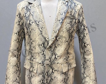 Mens Leather Coat Snake Skin Print Leather Blazer Two Button Party Coat Premium Python Print Leather Blazer Jacket Coat