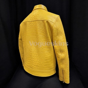 Mens Luxury Crocodile Embossed Leather Jacket Cowhide Leather Jacket | Yellow Genuine Leather| Handmade Designer Outerwear Motorcycle Jacket